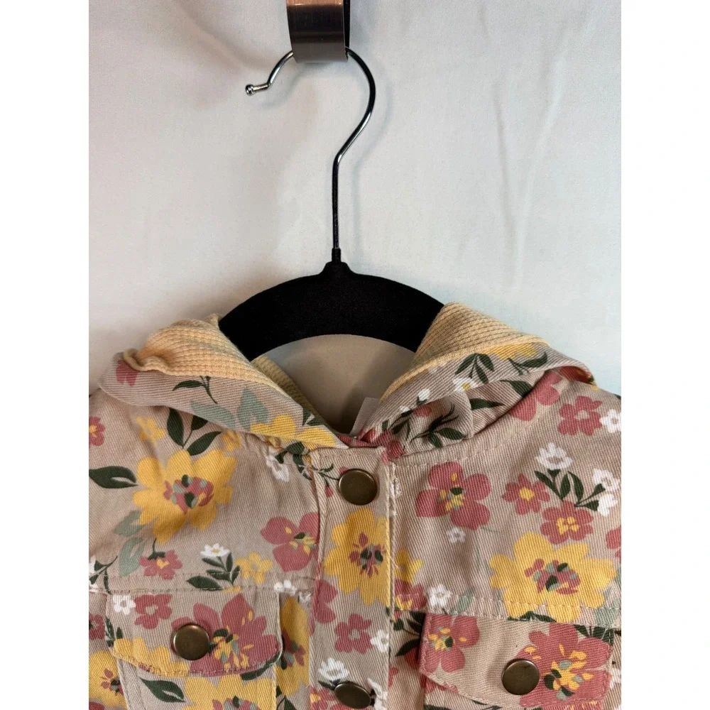 Little Lass Girls Tan Floral Twill Hooded Jacket Snap Front Size 6 cottagecore‎